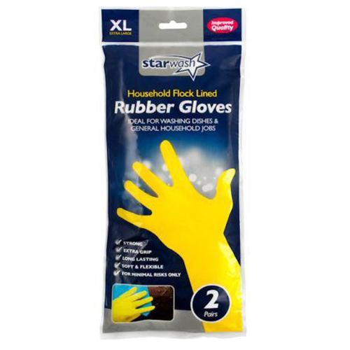 Household Flock Lined Yellow Rubber Gloves for Household Use including Washing Dishes