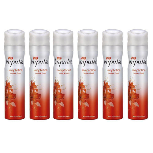 6 Pack of Impulse Body Spray 75ml Temptation with Vanilla & Peach scent body spray