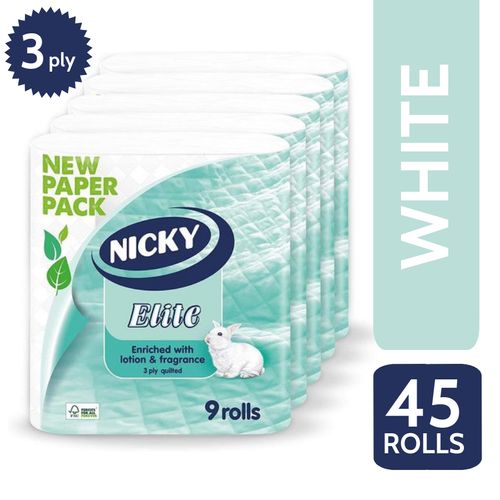 Nicky Elite 3Ply Quilted 45 Toilet Rolls - White