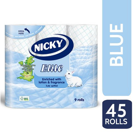 Nicky Elite 3Ply Quilted 45 Toilet Rolls - Blue