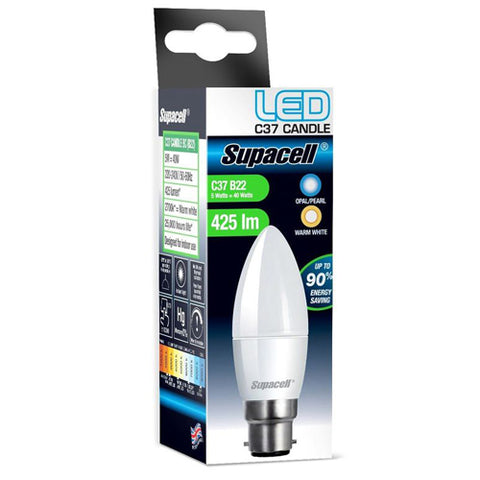 Supacell LED Candle Bulb - B22, B15, E14, E27 Fittings - 5 Watts