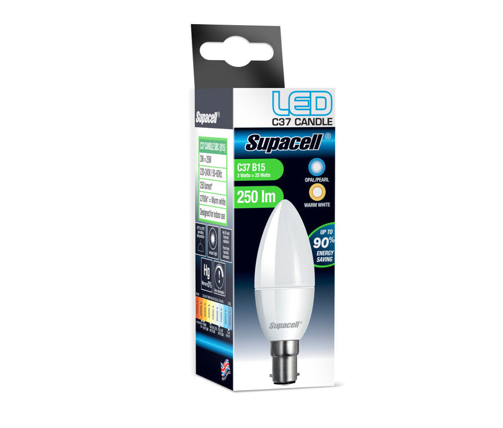 Supacell LED Candle Bulb - B22, B15, E14, E27 Fittings - 5 Watts